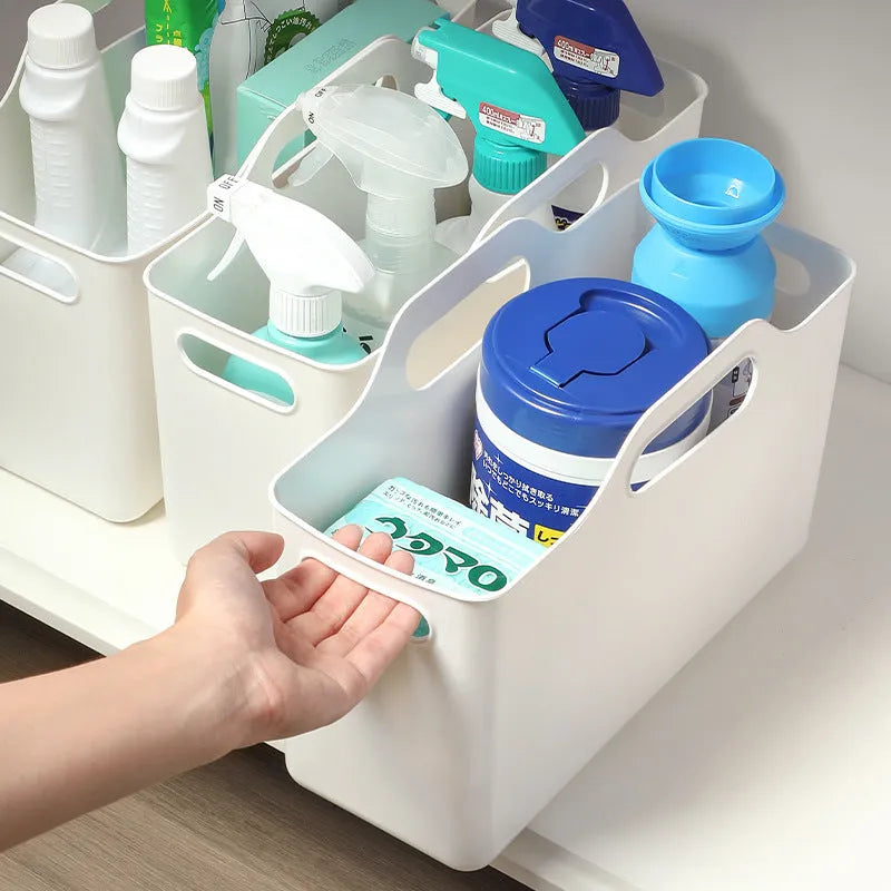 White PE plastic storage box with handle for bathroom laundry detergent and household sundries organisation