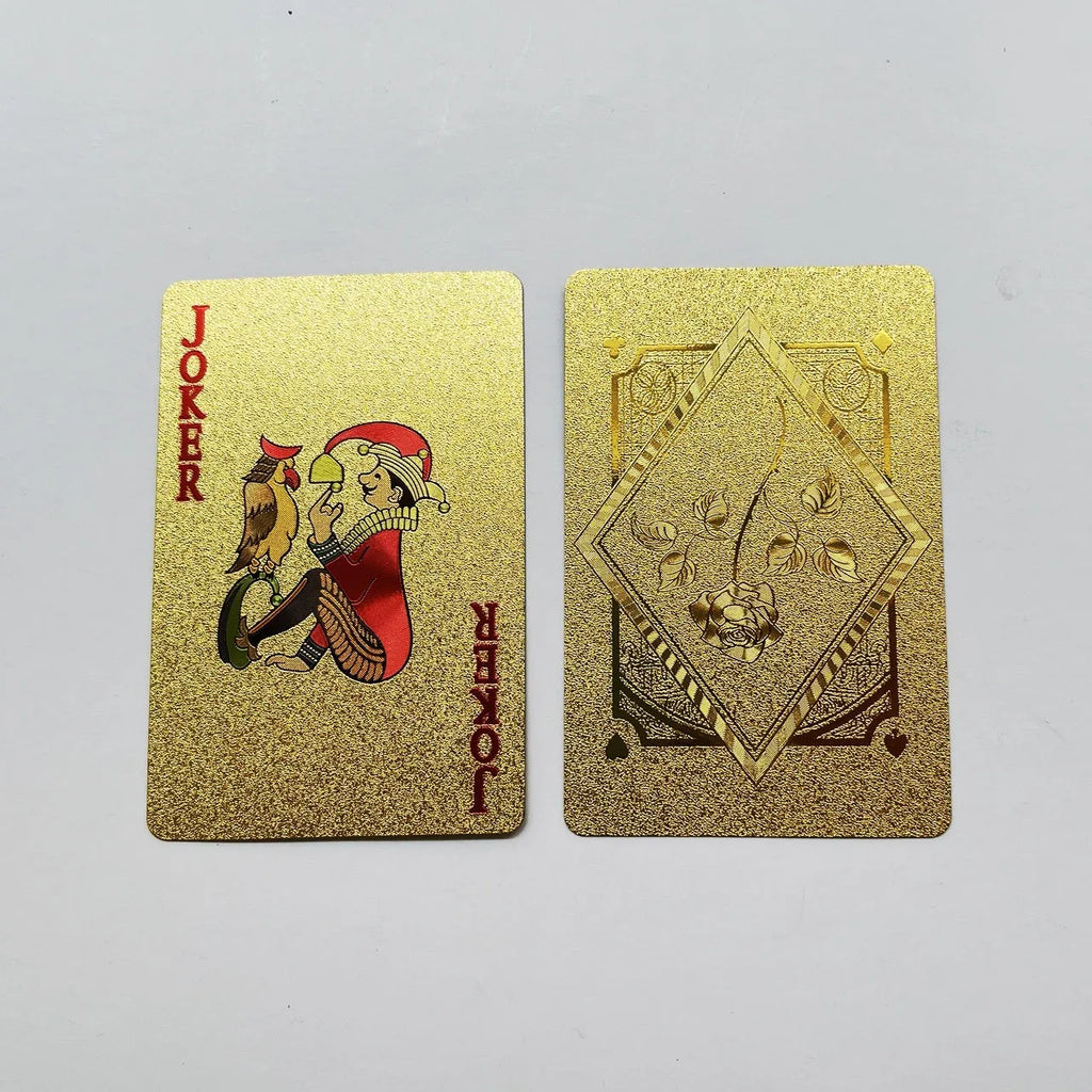 Gold foil playing cards with black rose design, 57x87mm size, metallic finish