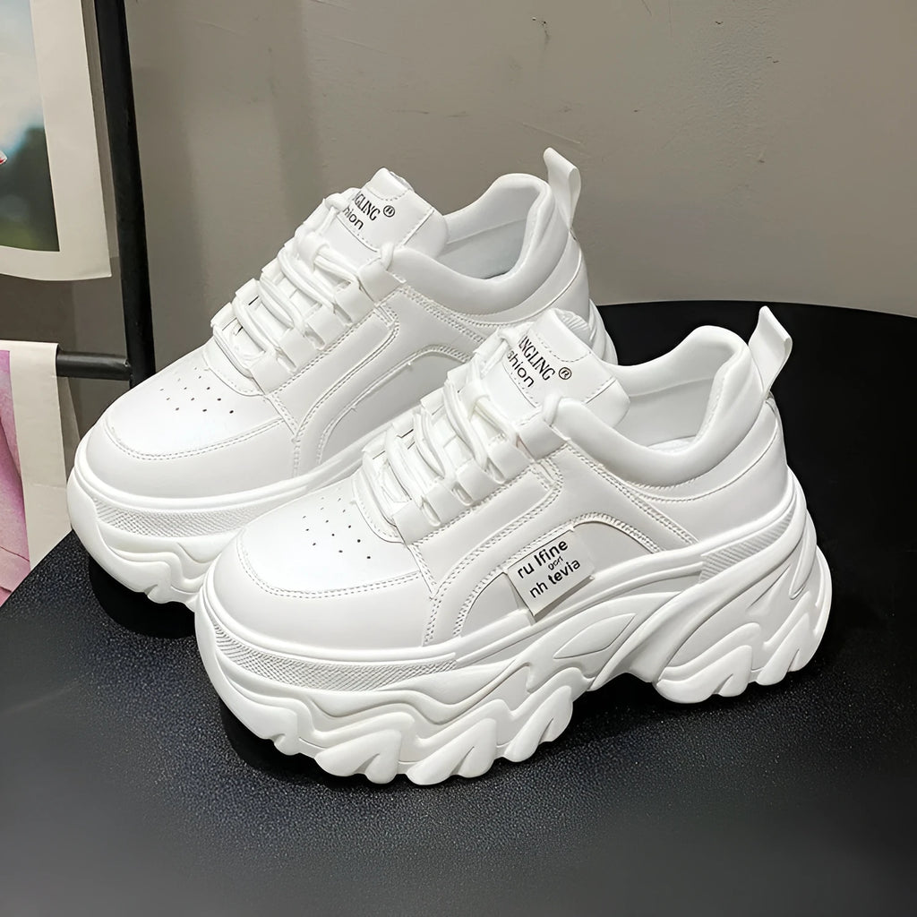 Height increasing insole dad shoes for women, super high heel, mesh upper, black colour, front lace-up