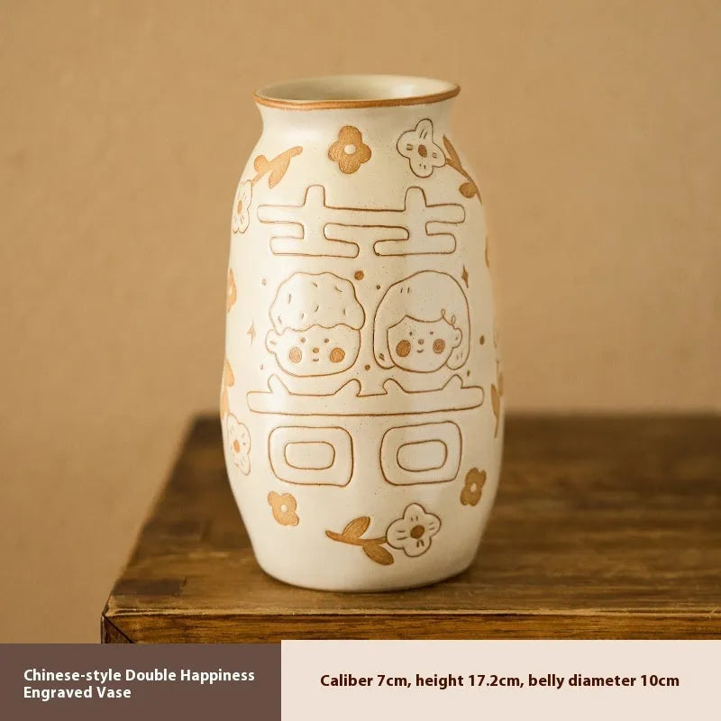 Chinese hand-painted ceramic joy vase with traditional carving on 8cm base