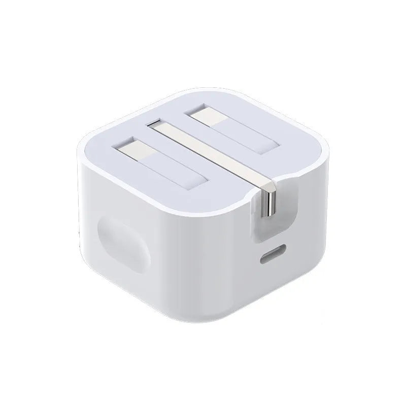 White 20W USB-C PD fast charger with UK plug and a choice of cable lengths.