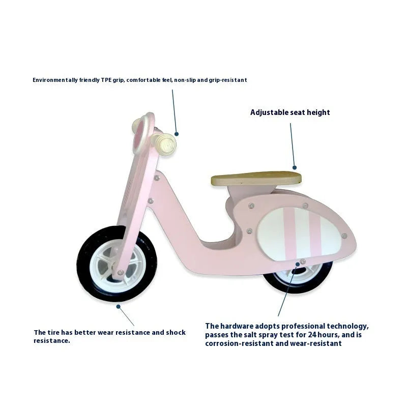 Pink wooden toddler balance scooter with 10-inch deck for children aged 1-6 years.