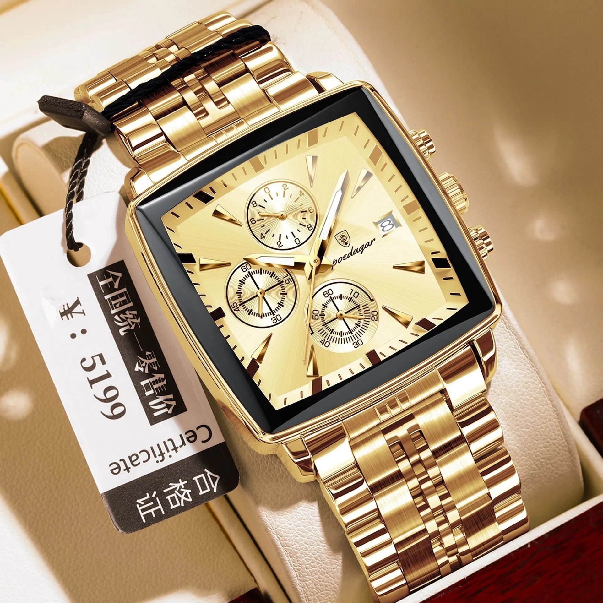 Men's square business quartz watch with stainless steel strap and mineral glass, shown in gold case with blue dial