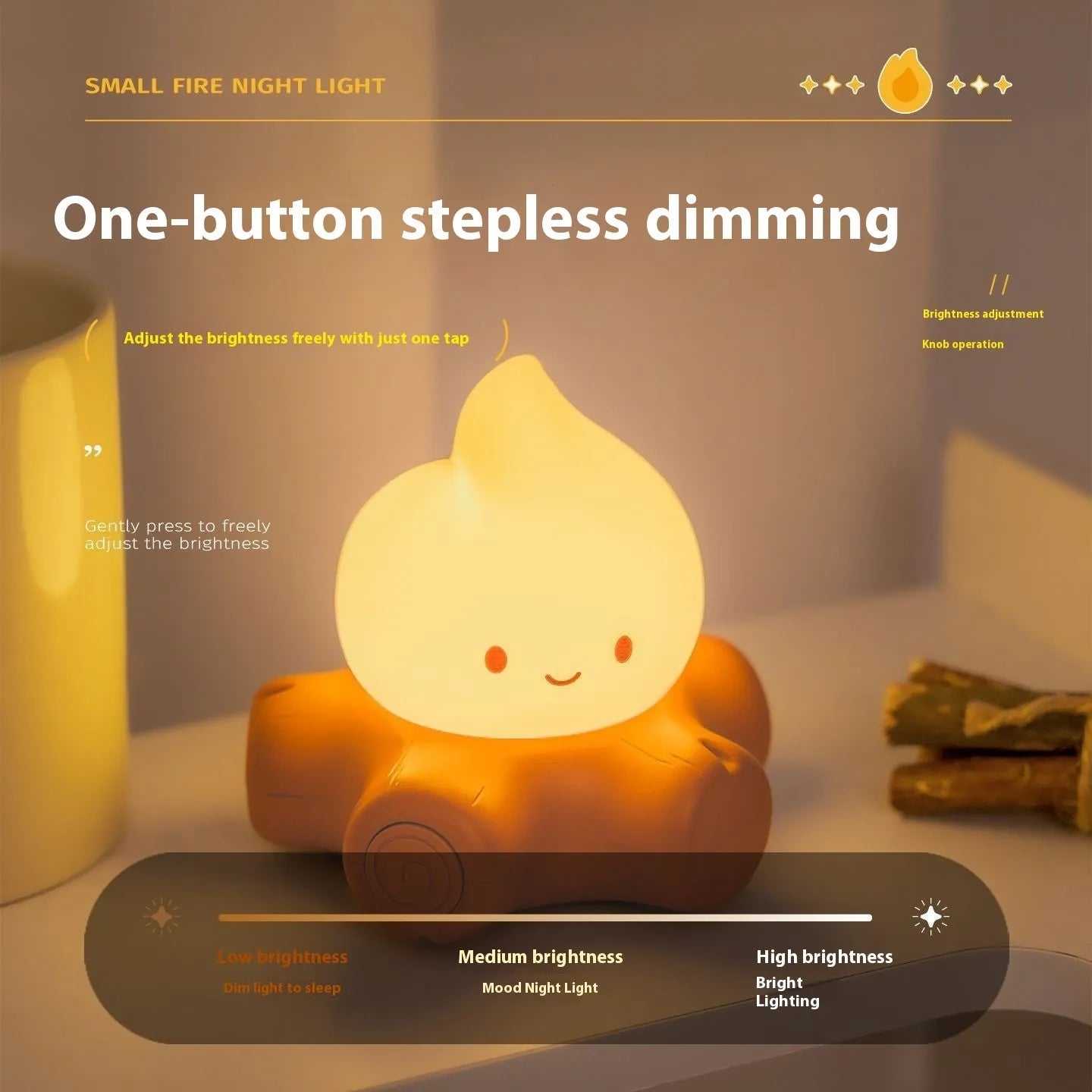 Cartoon-style small fire pile silicone night lamp with yellow light display on dark surface