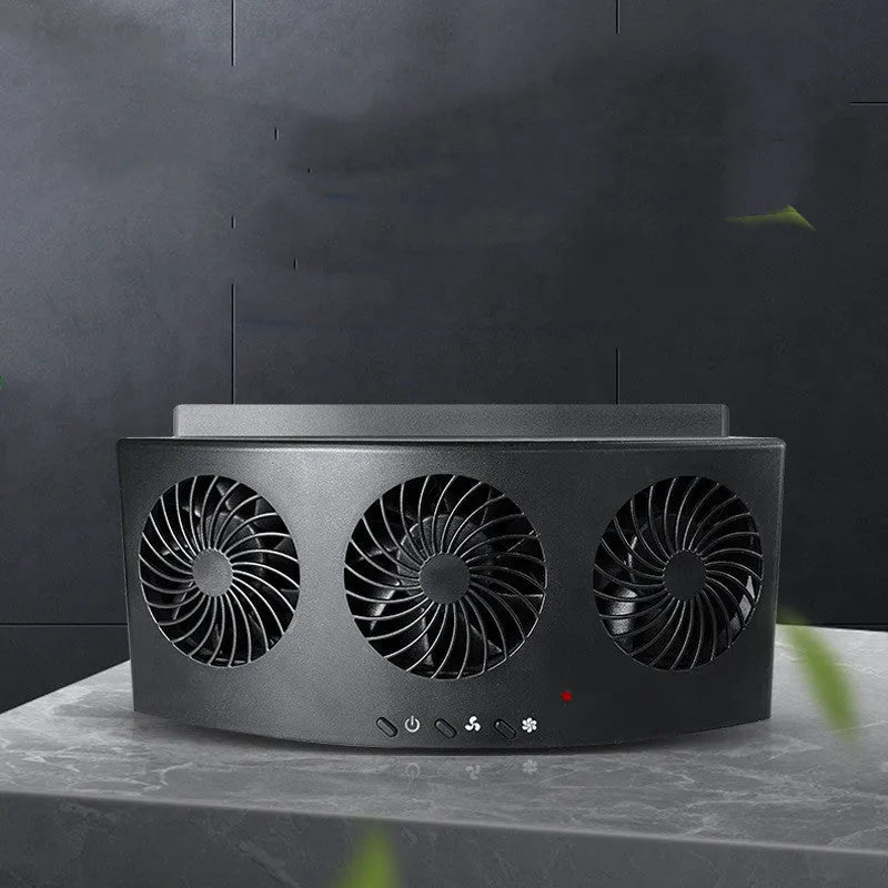 Black and white USB-powered car ventilation fan with 1.5m cable for interior air circulation.