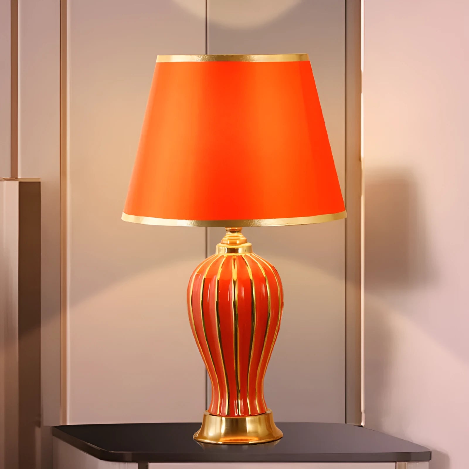 Ceramic table lamp with vertical stripe pattern and touch or remote switch for bedroom or living room