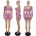 Women's fashion net hole hollow-out sleeveless two-piece dress set in black with spliced short skirt