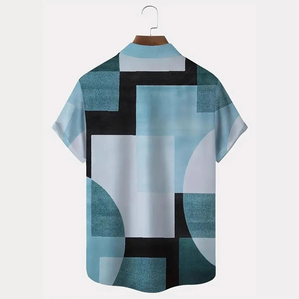 Men's loose fit cardigan shirt with retro geometric 3D printed squares in contrast colours