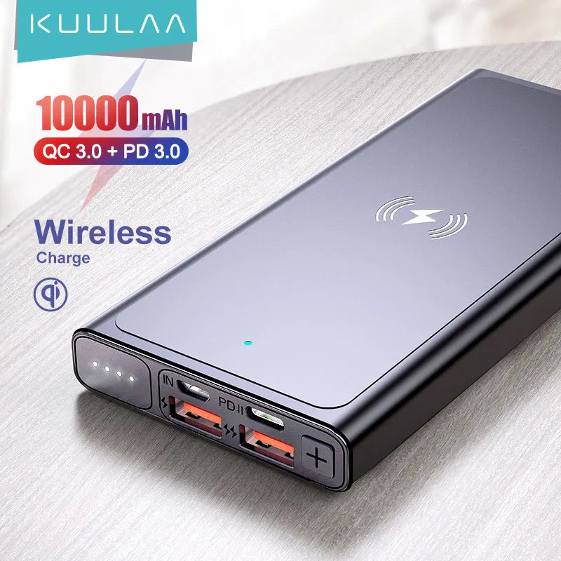 Black and blue 10000mAh power bank with wireless charging and built-in plug