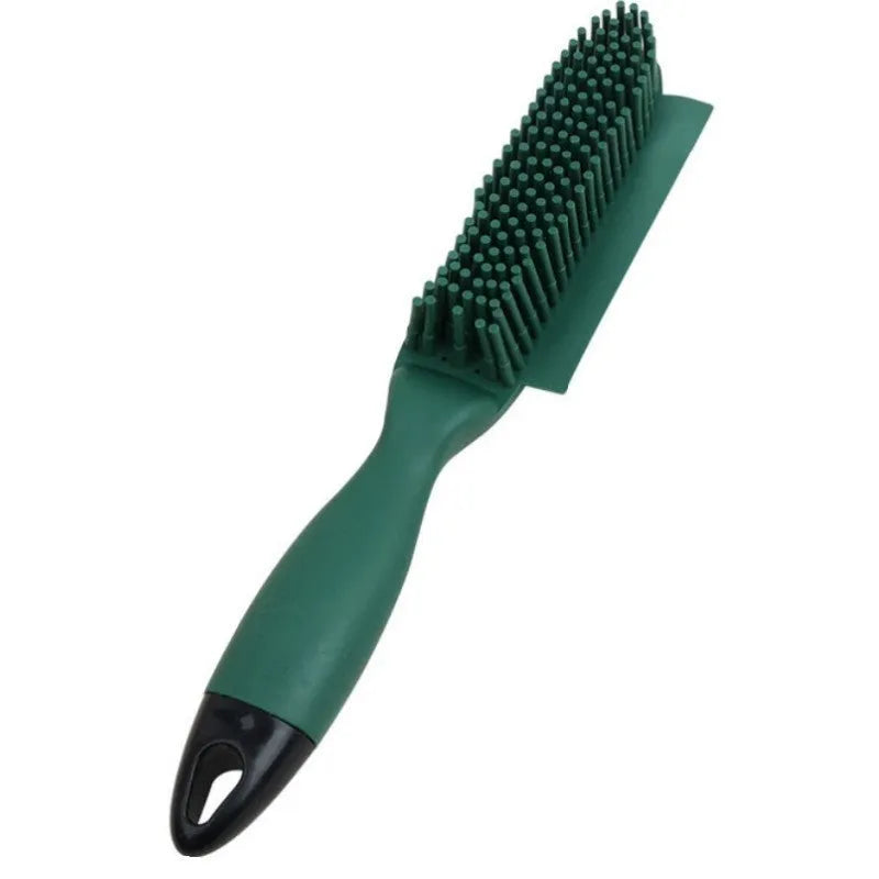 Green dog brush with hair collector reservoir, massage nodules, and a separate pink wool sticker for pet hair removal