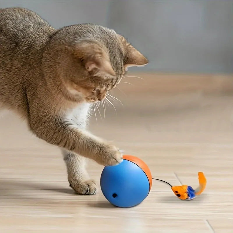 Interactive blue and orange cat toy with plush mouse and ball elements for feline exercise