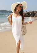 White crochet beach dress with removable suspenders, V-neckline, and bottom slit