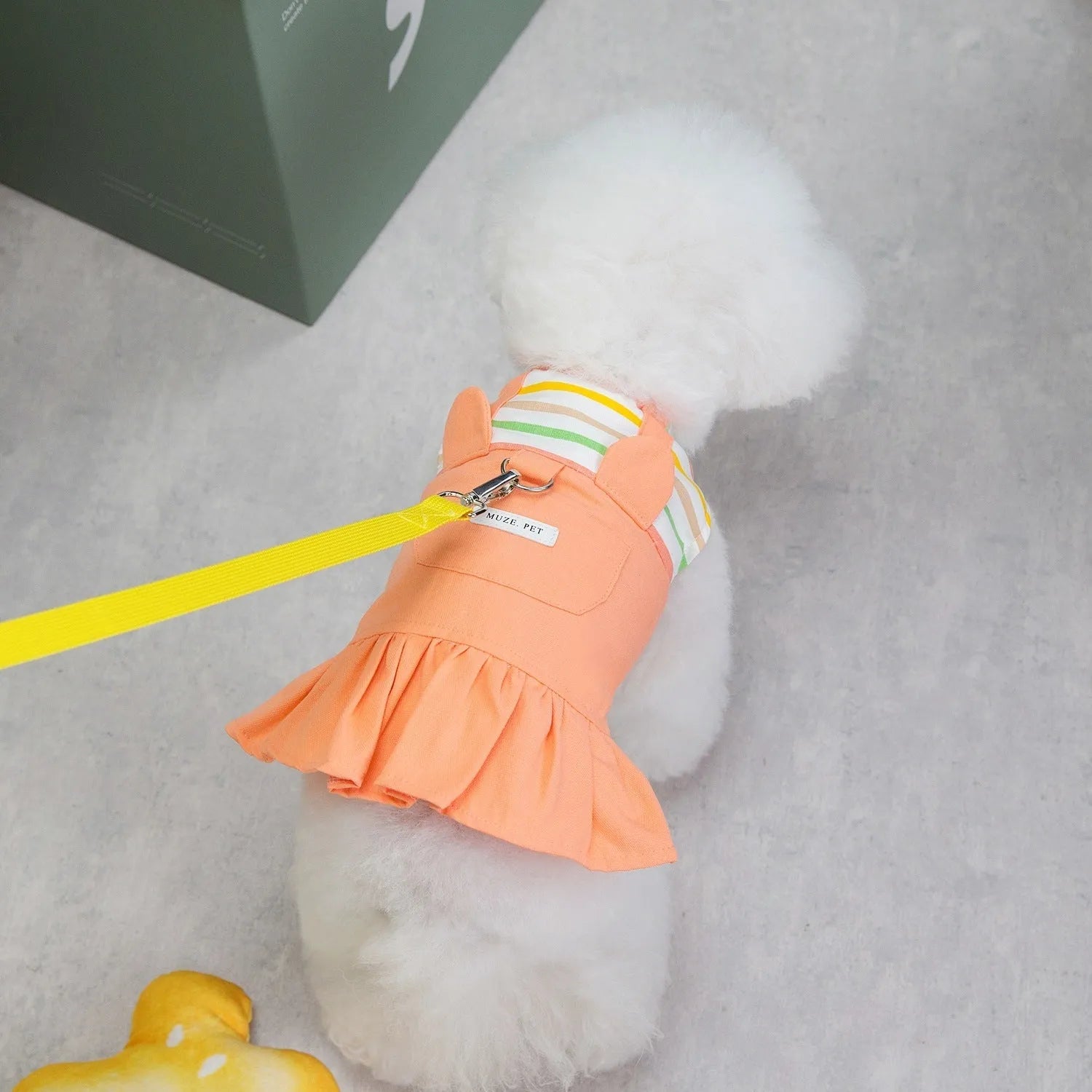 Striped patchwork cotton skirt for dogs in orange and yellow colours