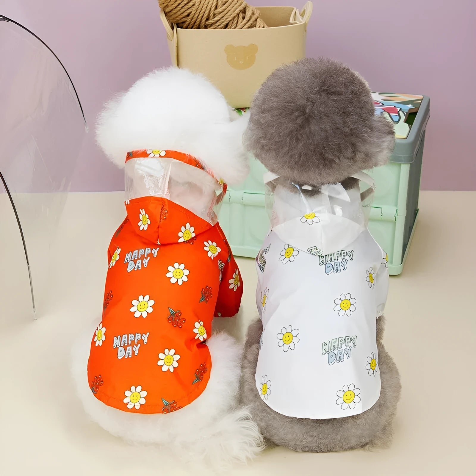 Transparent dog raincoat with two feet coverage and pull ring closure in small flower pattern