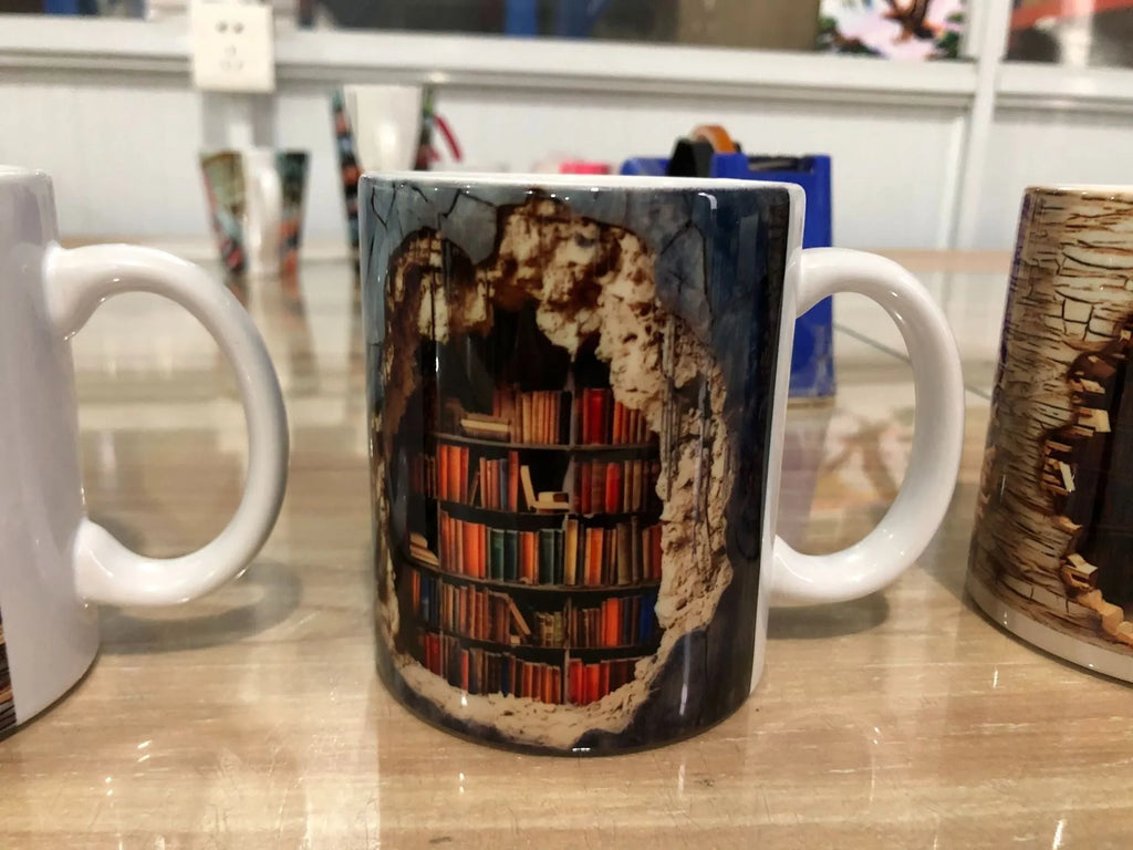 3D Bookshelf Mug creative ceramic water cup with handle showing library shelf design