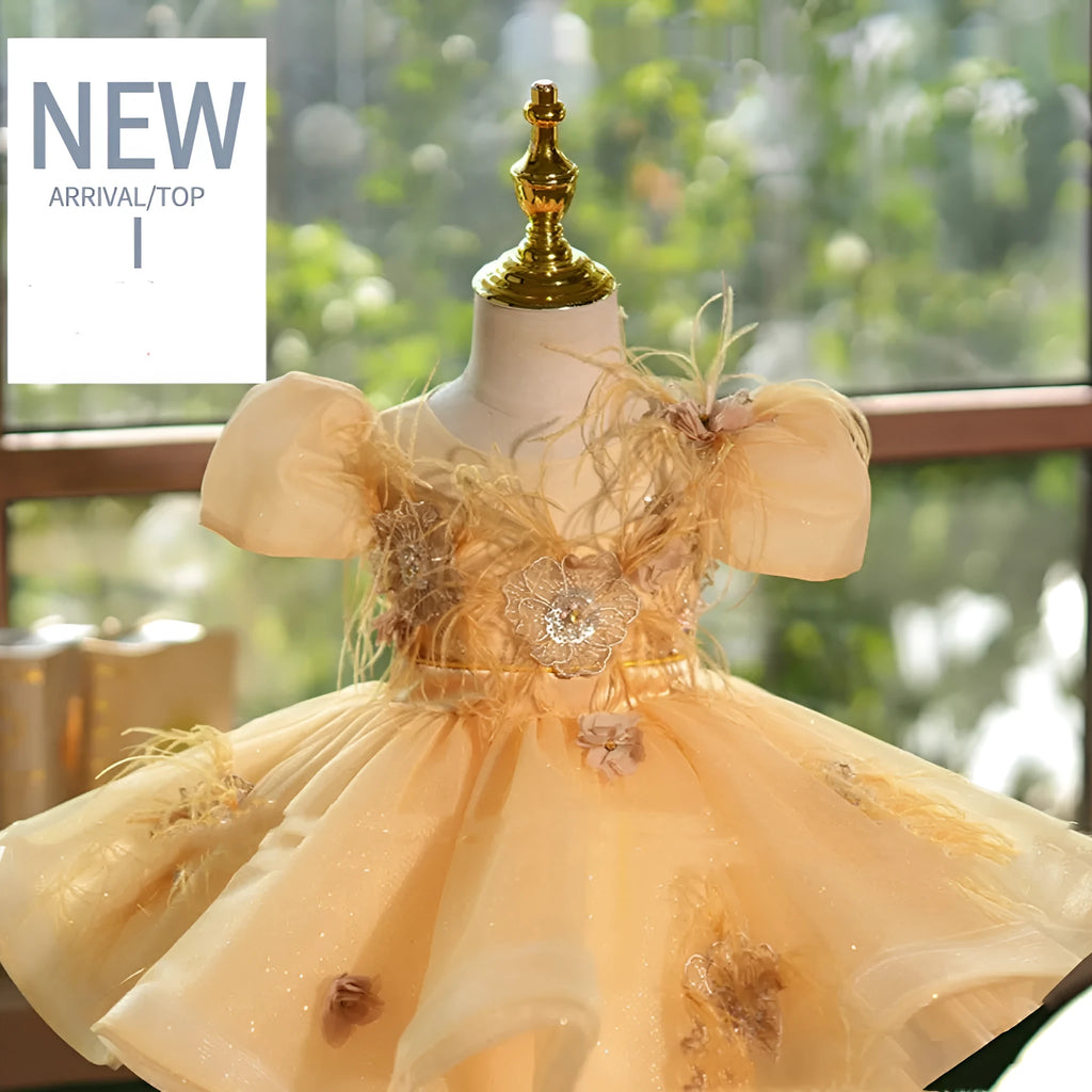 Girls princess dress in Champagne Gold with sequins and flower pettiskirt