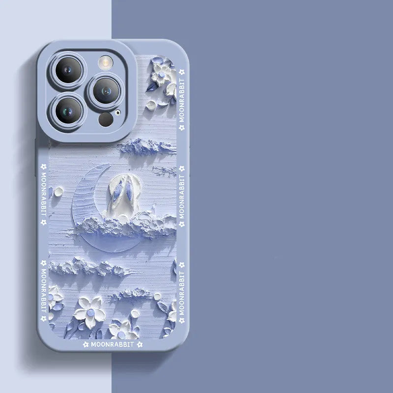 Oil painting liquid silicone anti-drop phone case in pink and cyan for iPhone models