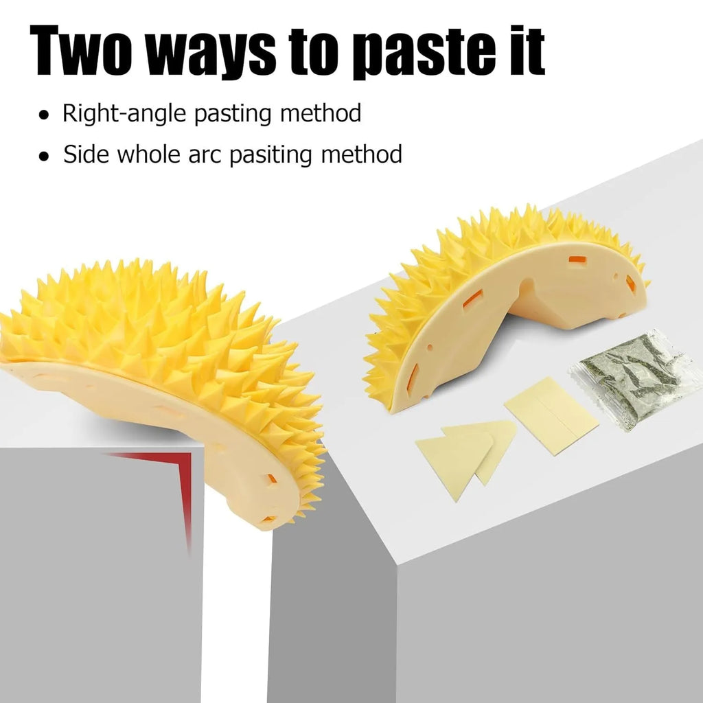Yellow durian-shaped cat corner scratcher with massage comb and catnip for indoor cats