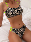 Leopard print contrast push up tight split swimsuit bikini set with backless design and high elasticity polyester fabric