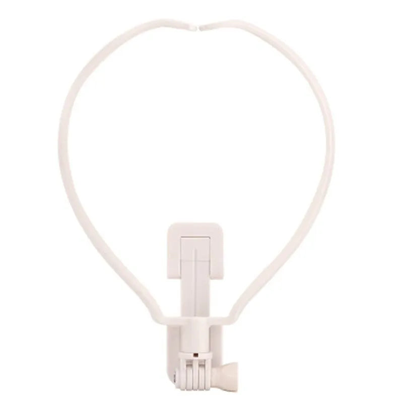 Black and white wearable neck phone holder made of ABS plastic, showing adjustable angle and ring for hands-free use.