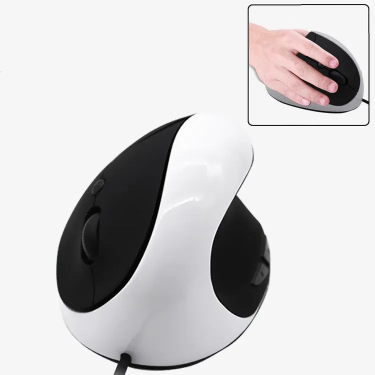 Ergonomic vertical wired computer mouse in multiple colour options on a desk