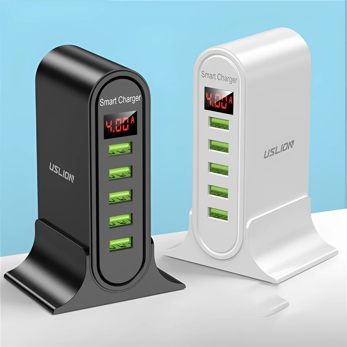 Smart LED digital display USB charger with indicator function, 4000mA, available in black or white with EU, UK, or US plug