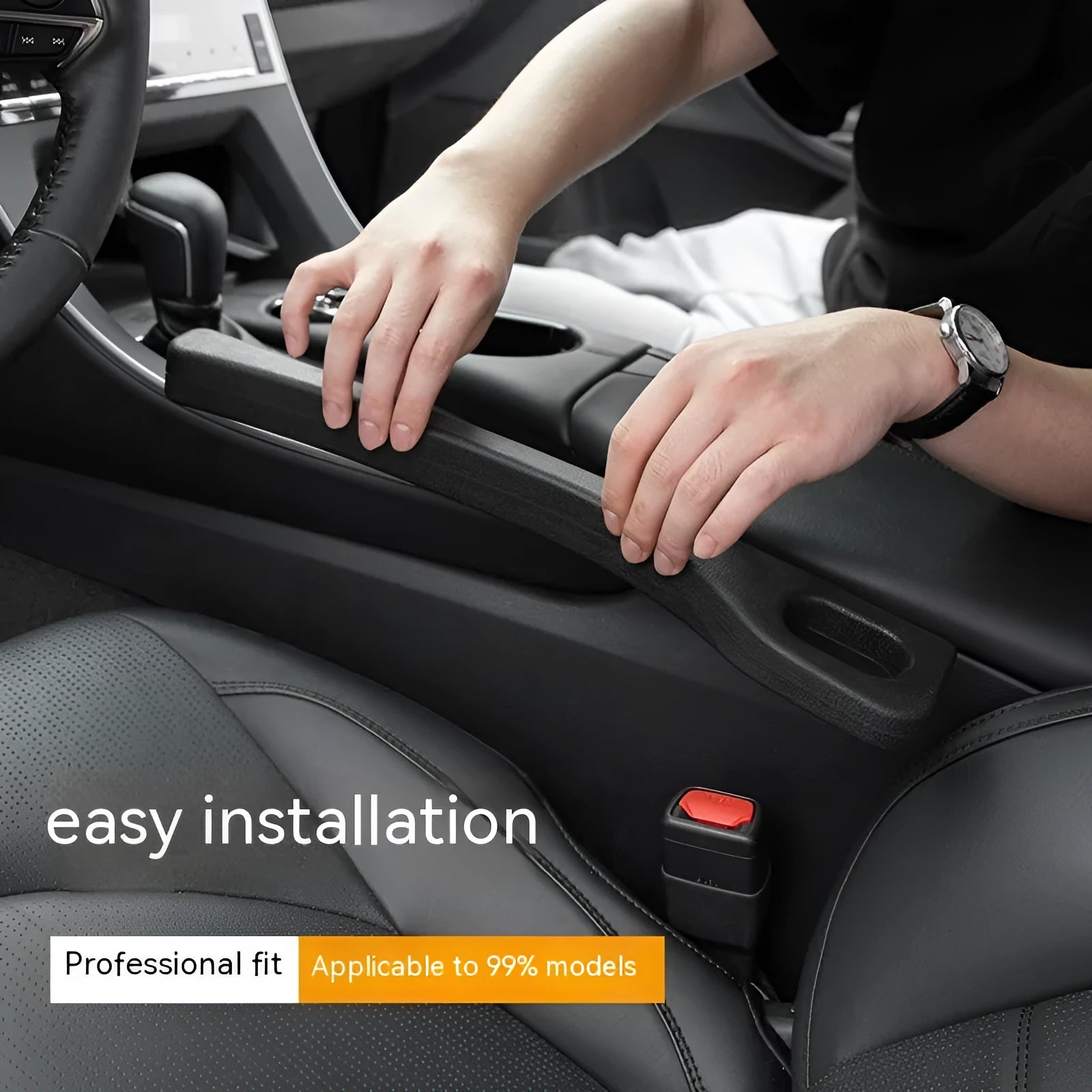 Two polyresin car seat gap sealing strips in chosen colour, showing integrated handle.