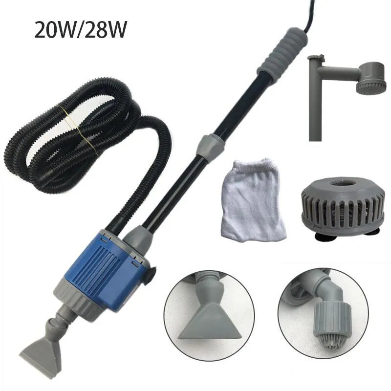 Electric aquarium water changer gravel cleaner with hose and attachments on a fish tank