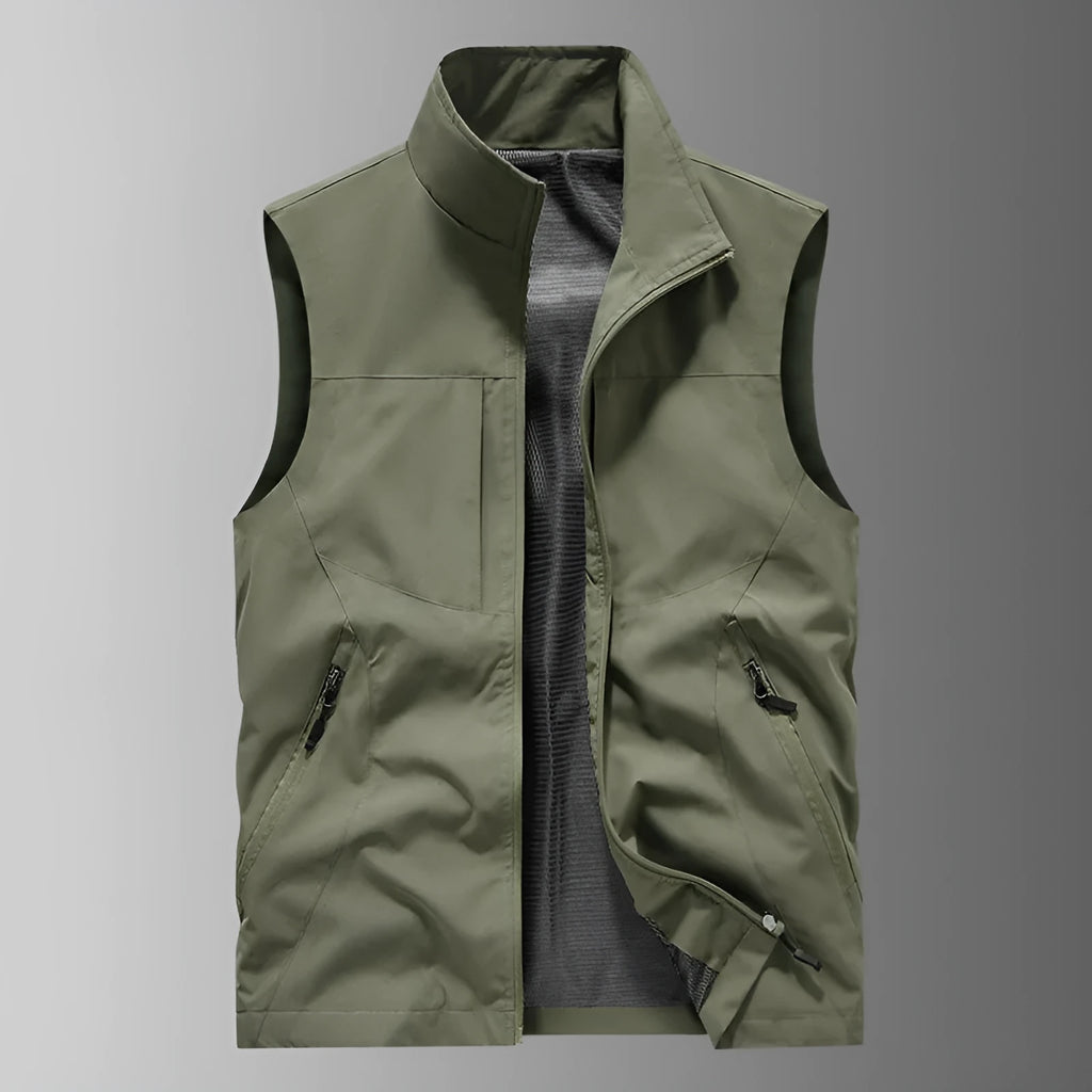 Men's casual stand collar printed vest in army green polyester loose fit