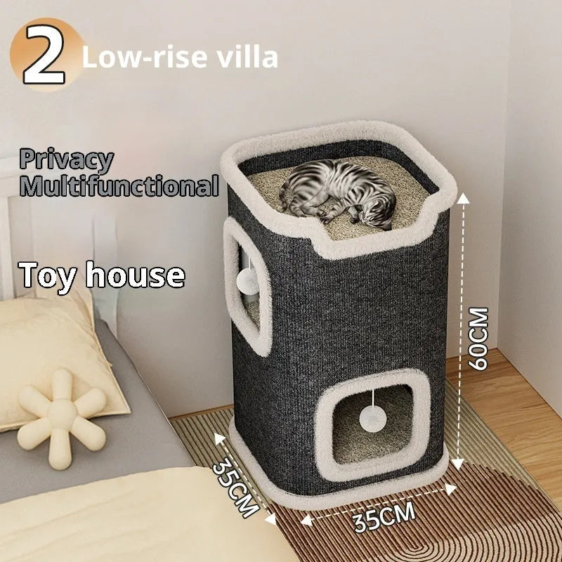 MDF cat climbing frame with scratching post and semi-enclosed square tree hole bed, simple style