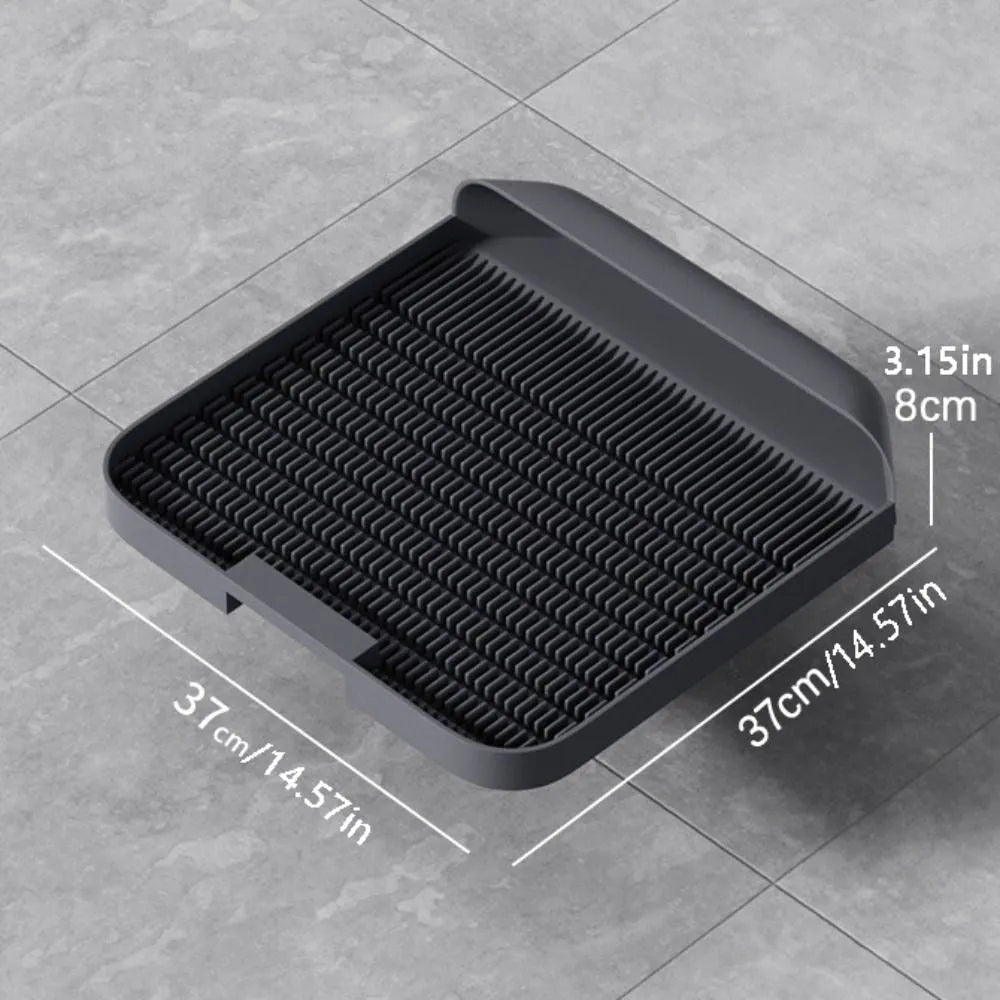 Large square black cat litter pedal with slanted mouth design and textured surface