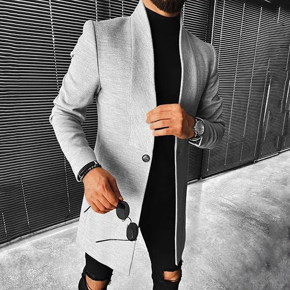 Grey men's stand-up collar mid-length woolen coat on model