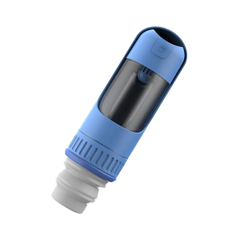 Portable dog water bottle with built-in bowl in dark blue, white, or yellow colours