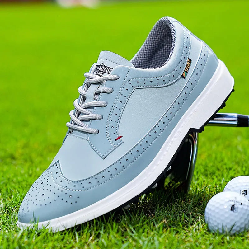 Men's genuine leather golf shoe in lake blue with non-slip rubber outsole.