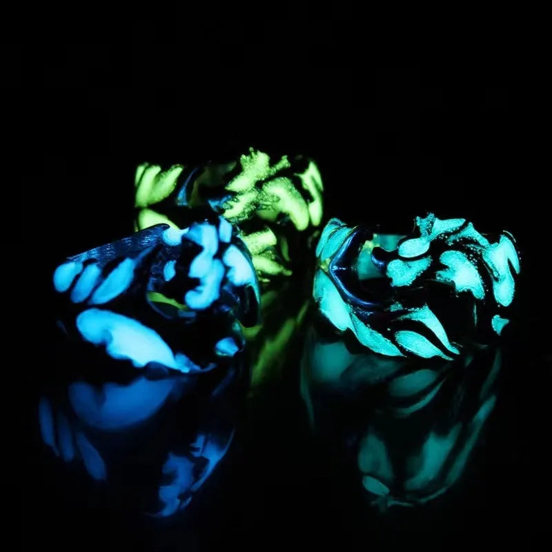 Adjustable Chinese dragon pattern ring in archaic silver blue and green with luminous detail