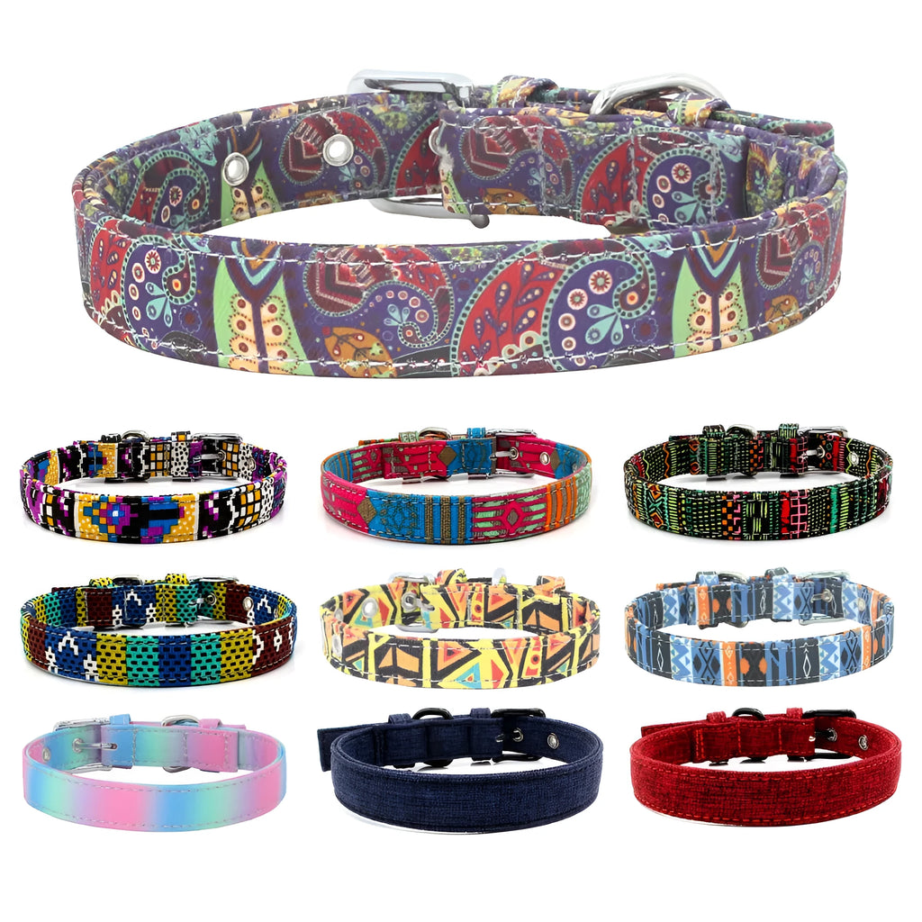 Double layer reflective canvas dog collar with metal D-ring, available in multiple sizes and colours
