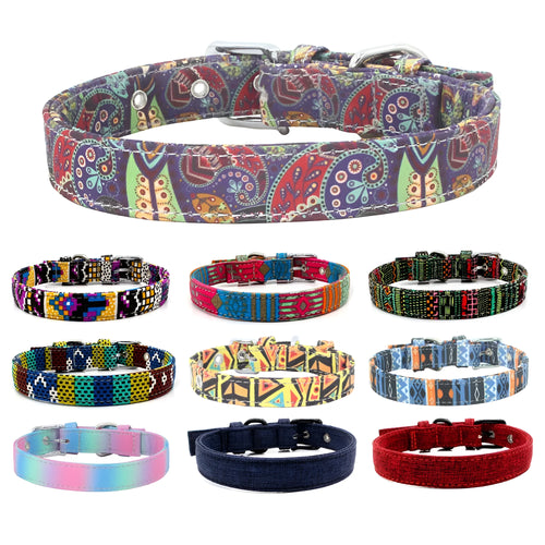 Double layer reflective canvas dog collar with metal D-ring, available in multiple sizes and colours