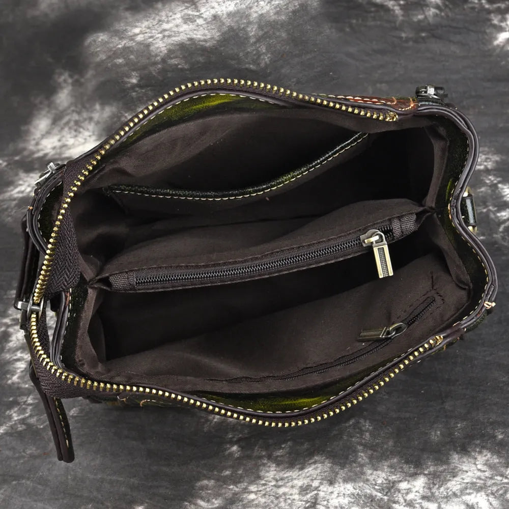 Brown genuine leather women's shoulder bag with square vertical shape and multiple internal compartments