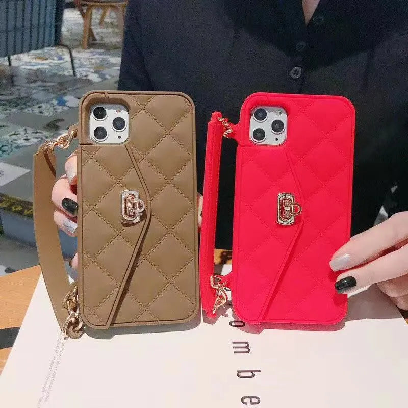 Luxury silicone back cover for iPhone with inclined pearl chain lanyard, available in six colours
