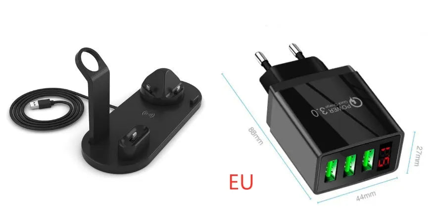 4 in 1 wireless charger stand for iPhone Samsung iWatch AirPods in black silicone material with 360 degree rotating dock