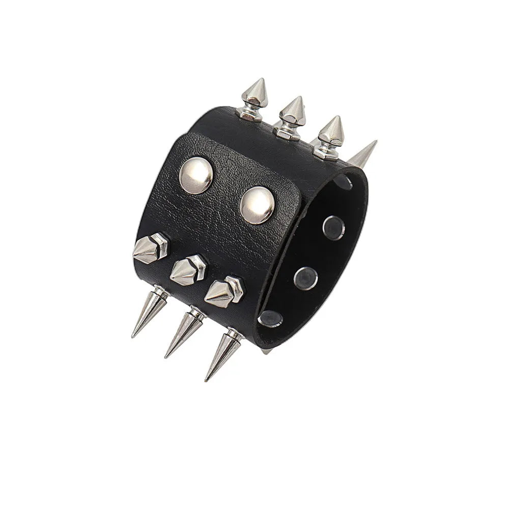 Punk style black PU leather bracelet with rivets, geometric tapered shape, 22.5cm length