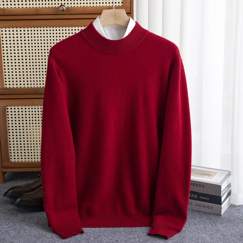Men's half-turtleneck wool sweater in loose winter business style with thick rough yarn knit