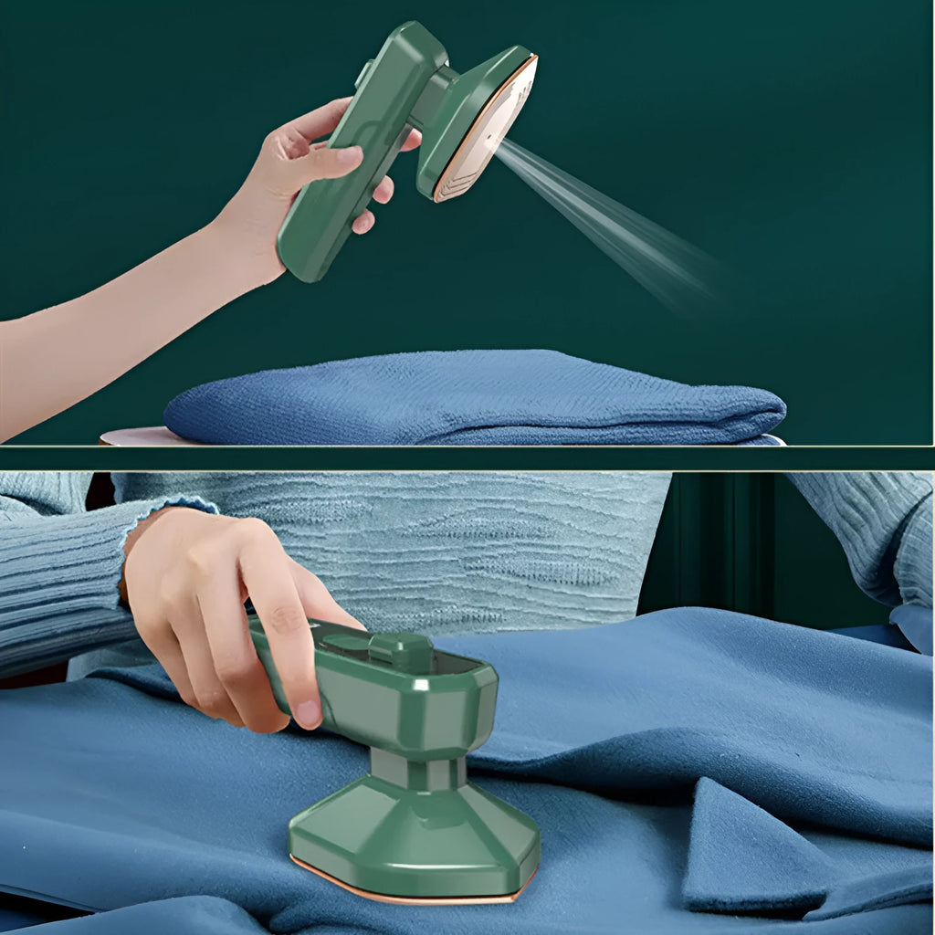 Dark green portable hanging steam ironing machine with ceramic panel.