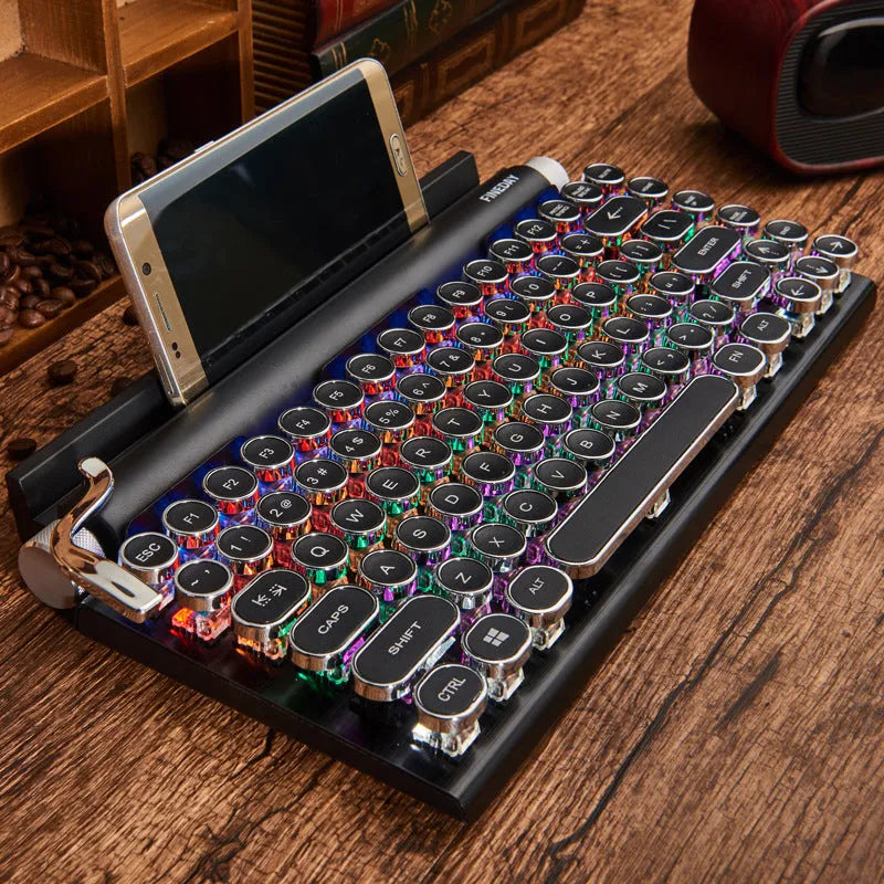 Black retro typewriter style mechanical keyboard with Bluetooth connectivity and seven-colour backlight