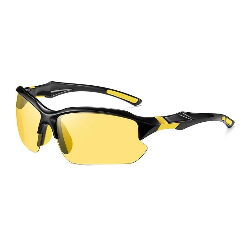 Men’s polarized photochromic sunglasses with bright black frame and full gray lenses for cycling and driving