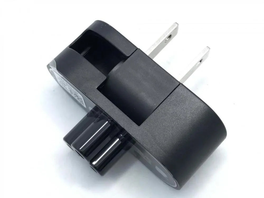 Black folding notebook power plug showing straight and 90-degree angle configurations