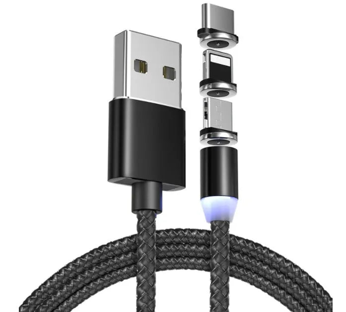 Magnetic three-in-one charging cable with interchangeable Android, Type C and Apple tips