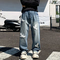 Men's mid-waist straight-leg cotton denim jeans in blue, button placket, size S to 5XL for autumn casual wear