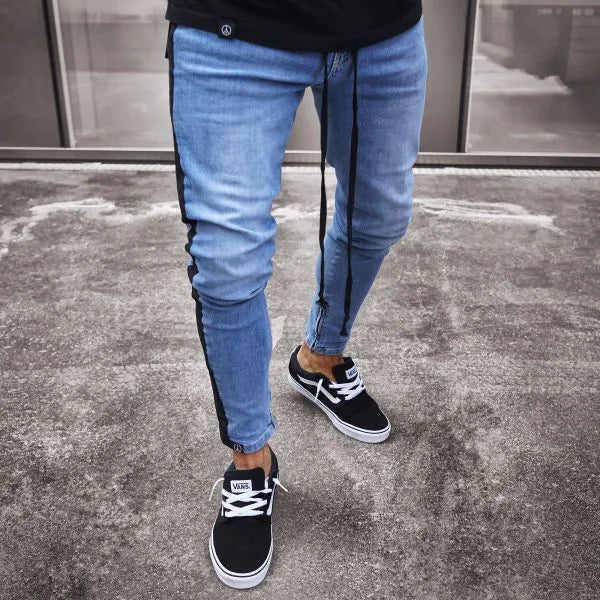 Men's ripped nostalgic light blue cotton-spandex straight leg jeans with zipper fly, front view