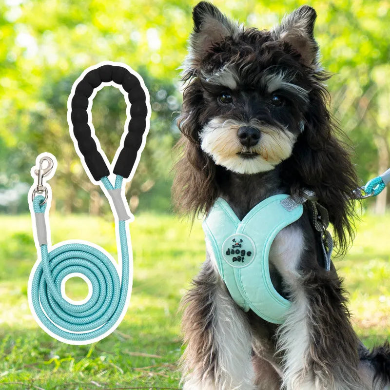 Polyester dog vest and hand holding rope set in blue, green, pink or yellow colour options